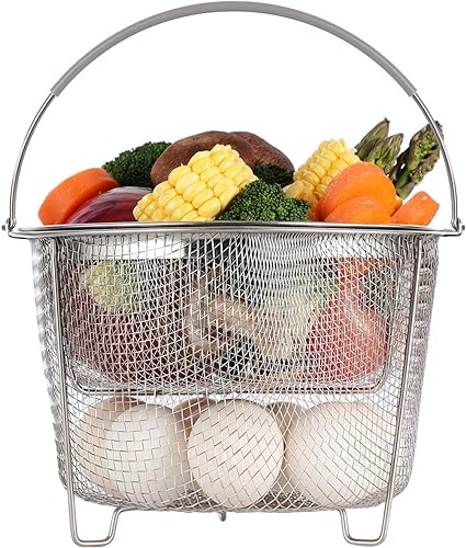 AOZITA Steamer Basket for Instant Pot Accessories 6 qt or 8 quart - 2 Tier Stackable 18/8 Stainless Steel Mesh - Silicone Handle - Vegetable Steamer Insert, Egg Basket, Pasta Strainer,Silver